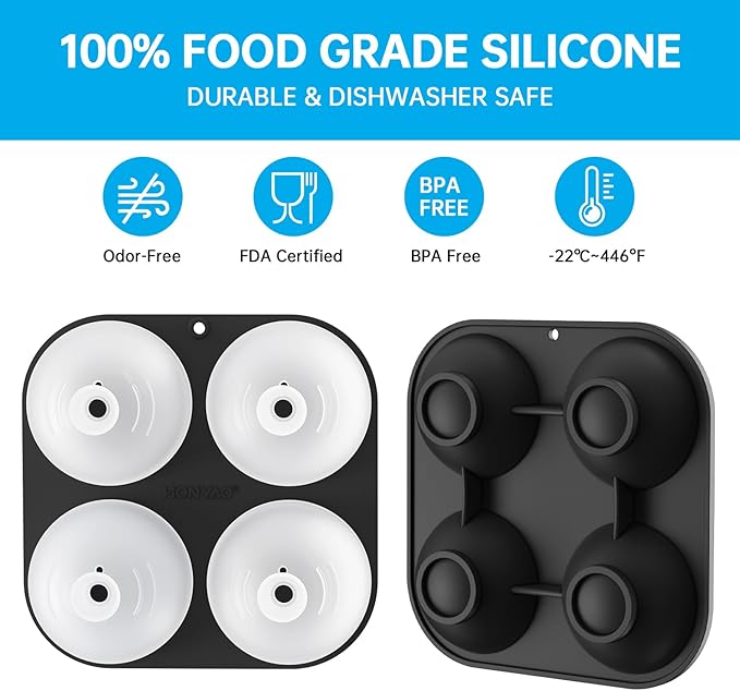 Whiskey Ice Ball Mold,Ice Ball Maker Mold 100% Silicone Round Sphere Ice Cube Tray with Clear Individual Lid, 2.4 Inch Large Spherical Ice Ball Molds for Cocktails Bourbon Rum - 4 Iceballs