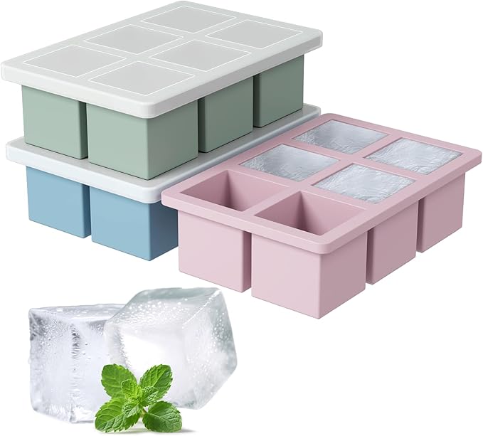 Large Silicone Ice Cube Tray 3Pack, Big Square Ice Cube Molds for Whisky Cocktail, Ice Maker Tray with Lid for Freezer, Easy Release (3, Blue+Green+Pink)