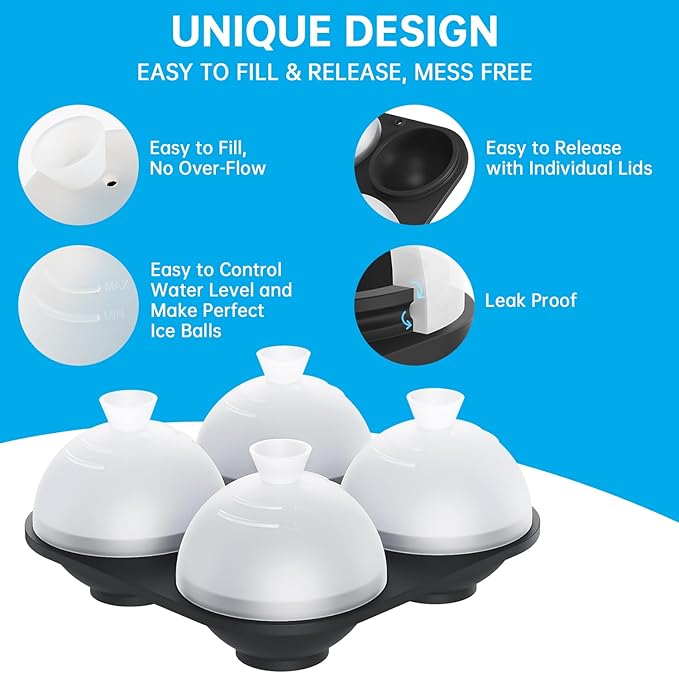 Whiskey Ice Ball Mold,Ice Ball Maker Mold 100% Silicone Round Sphere Ice Cube Tray with Clear Individual Lid, 2.4 Inch Large Spherical Ice Ball Molds for Cocktails Bourbon Rum - 4 Iceballs