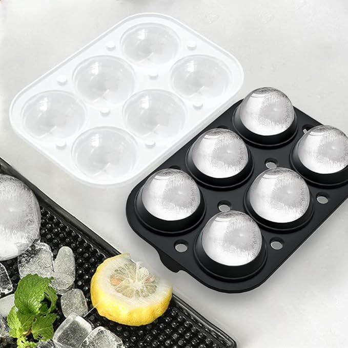Ice Cube Trays (Set of 2), Sphere Ice Ball Maker with Lid & Large Square Ice Cube Maker for Whiskey, Cocktails and Homemade, Keep Drinks Chilled Black