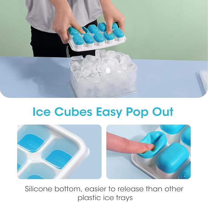 Ice Cube Tray with Lid and Bin, 4 Pack Silicone Plastic Ice Cubes Trays for Freezer with Box/Container, Stackable with Storage Iced Bucket Kits, Scoop, for RV, Soup, Food, Cocktail, Coffee