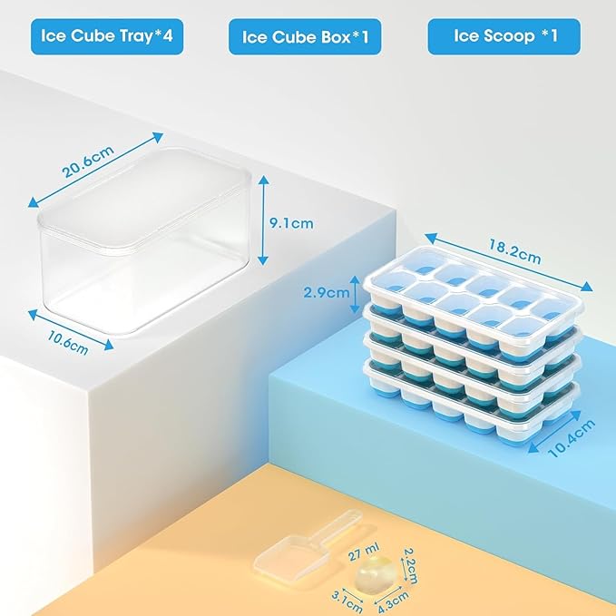 Ice Cube Tray with Lid and Bin, 4 Pack Silicone Plastic Ice Cubes Trays for Freezer with Box/Container, Stackable with Storage Iced Bucket Kits, Scoop, for RV, Soup, Food, Cocktail, Coffee