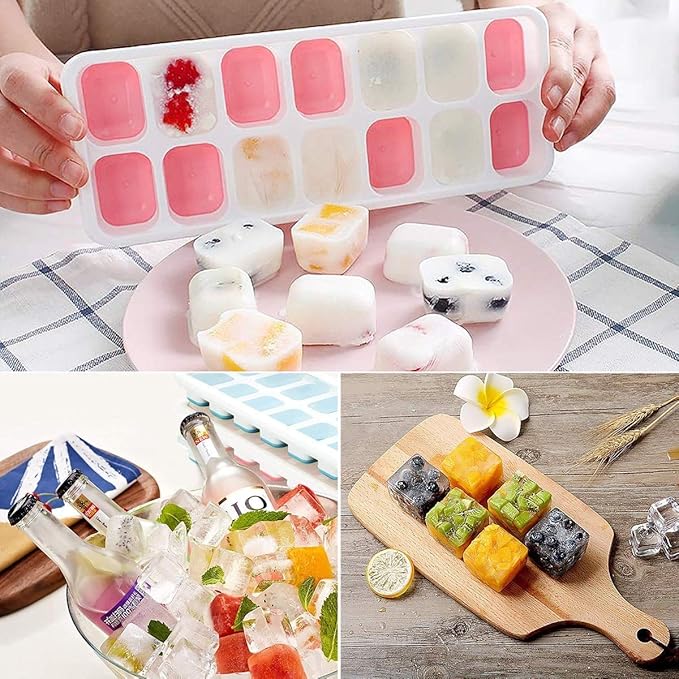 Ice Cube Trays, Silicone Easy-Release and Flexible 14-Ice Trays with Spill-Resistant Removable Lid, BPA Free, Durable and Dishwasher Safe, 2 Pack