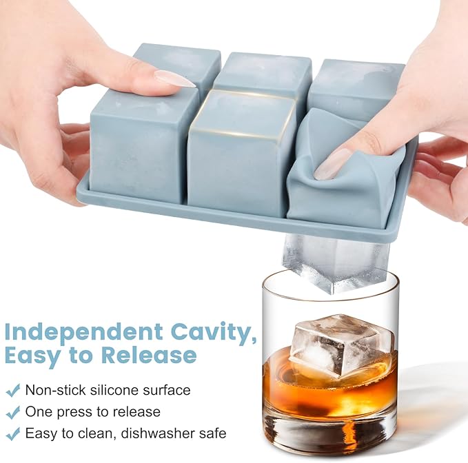 Large Silicone Ice Cube Tray 3Pack, Big Square Ice Cube Molds for Whisky Cocktail, Ice Maker Tray with Lid for Freezer, Easy Release (3, Blue+Green+Pink)