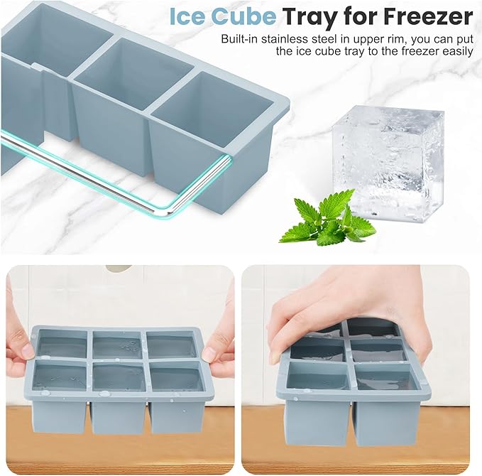 Large Silicone Ice Cube Tray 3Pack, Big Square Ice Cube Molds for Whisky Cocktail, Ice Maker Tray with Lid for Freezer, Easy Release (3, Blue+Green+Pink)