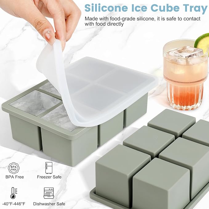 Large Silicone Ice Cube Tray 3Pack, Big Square Ice Cube Molds for Whisky Cocktail, Ice Maker Tray with Lid for Freezer, Easy Release (3, Blue+Green+Pink)