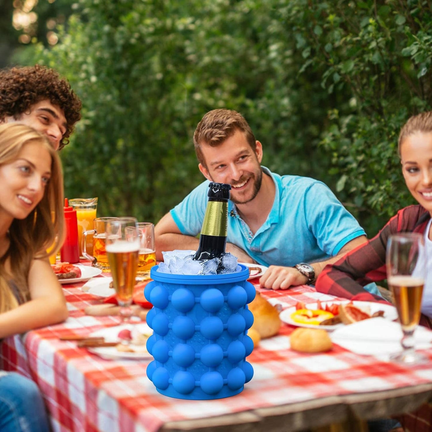 Ice Cube Mold Ice Trays, Large Silicone Ice Bucket, (2 in 1) Ice Cube Maker, Round,Portable (Dark blue)