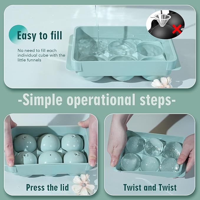 Large Ice Cube Molds, Big Round Whiskey Ice Cube Trays for Freezer, Easy to Fill & Release, Whiskey Bourbon Cocktail(1.9In*6 Balls- Blue/2 Pack)