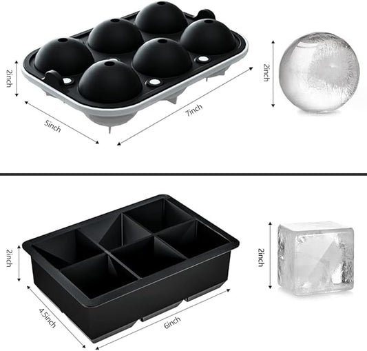 Ice Cube Trays (Set of 2), Sphere Ice Ball Maker with Lid & Large Square Ice Cube Maker for Whiskey, Cocktails and Homemade, Keep Drinks Chilled Black
