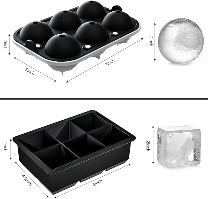 Ice Cube Trays (Set of 2), Sphere Ice Ball Maker with Lid & Large Square Ice Cube Maker for Whiskey, Cocktails and Homemade, Keep Drinks Chilled Black