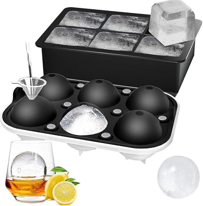 Ice Cube Trays (Set of 2), Sphere Ice Ball Maker with Lid & Large Square Ice Cube Maker for Whiskey, Cocktails and Homemade, Keep Drinks Chilled Black