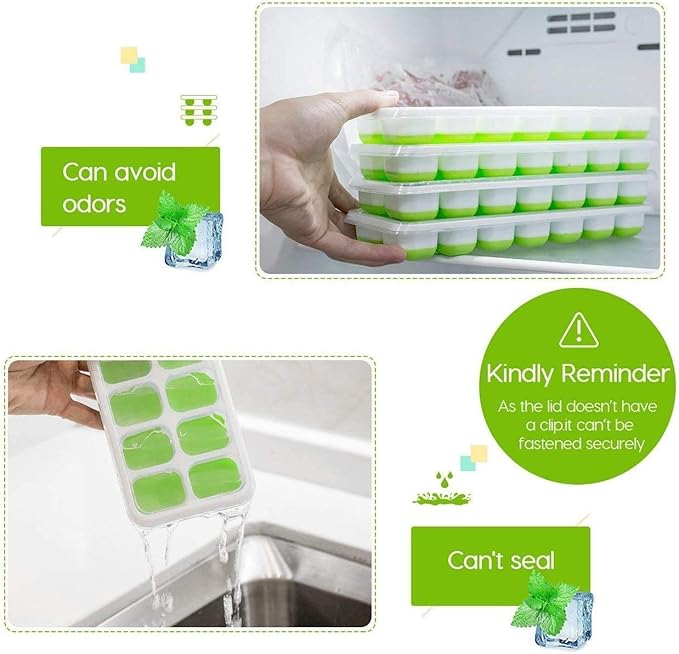 Ice Cube Trays, Silicone Easy-Release and Flexible 14-Ice Trays with Spill-Resistant Removable Lid, BPA Free, Durable and Dishwasher Safe, 2 Pack
