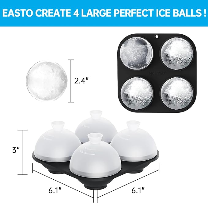 Whiskey Ice Ball Mold,Ice Ball Maker Mold 100% Silicone Round Sphere Ice Cube Tray with Clear Individual Lid, 2.4 Inch Large Spherical Ice Ball Molds for Cocktails Bourbon Rum - 4 Iceballs