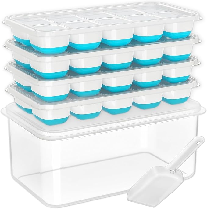 Ice Cube Tray with Lid and Bin, 4 Pack Silicone Plastic Ice Cubes Trays for Freezer with Box/Container, Stackable with Storage Iced Bucket Kits, Scoop, for RV, Soup, Food, Cocktail, Coffee