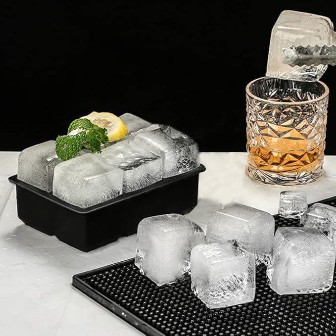 Ice Cube Trays (Set of 2), Sphere Ice Ball Maker with Lid & Large Square Ice Cube Maker for Whiskey, Cocktails and Homemade, Keep Drinks Chilled Black