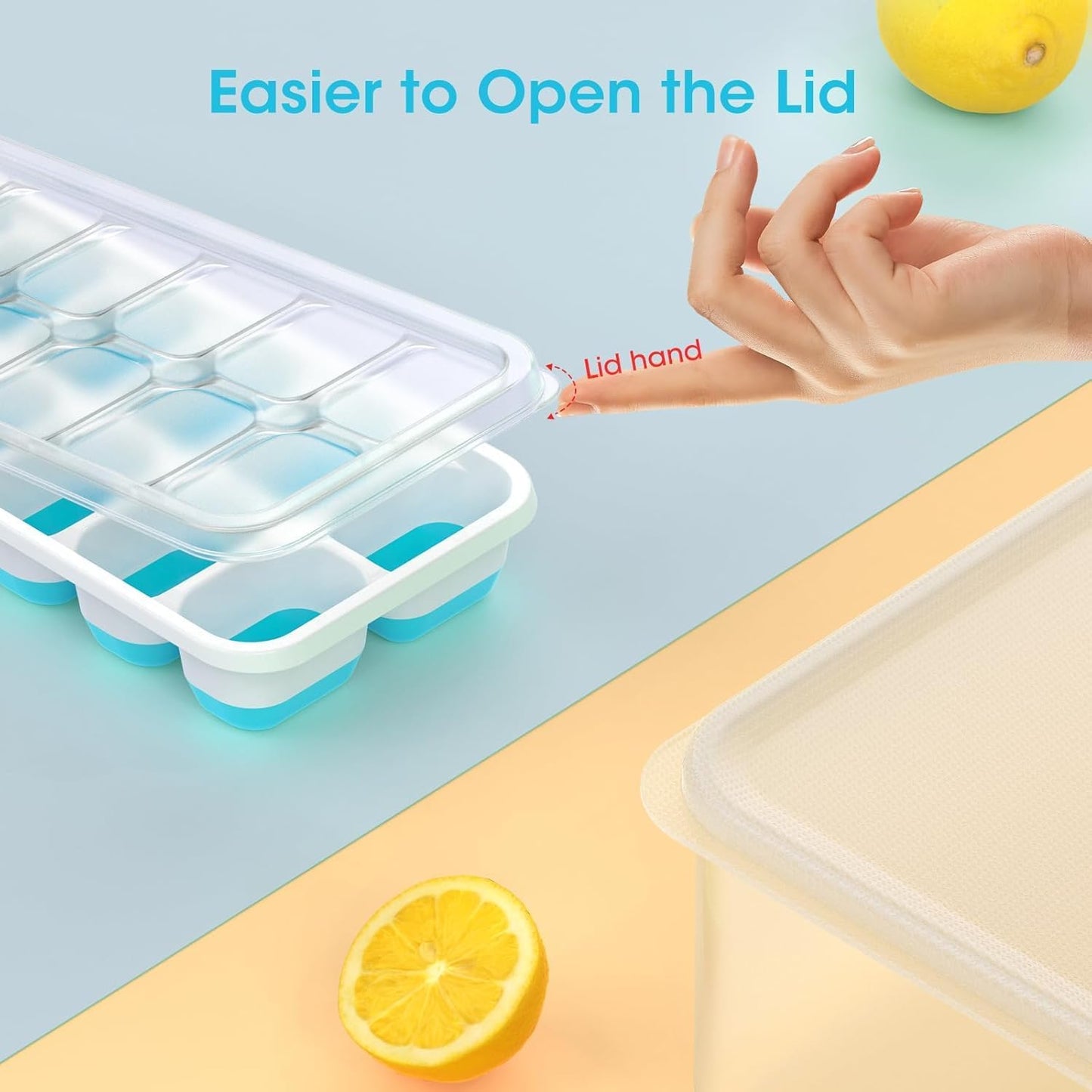 Ice Cube Tray with Lid and Bin, 4 Pack Silicone Plastic Ice Cubes Trays for Freezer with Box/Container, Stackable with Storage Iced Bucket Kits, Scoop, for RV, Soup, Food, Cocktail, Coffee