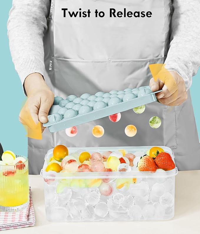 Ice Cube Tray with Lid and Bin – Round Ice Cube Trays for Freezer, BPA-Free Food-Grade Ice Mold, Stackable Ice Bucket Set Ball Maker, Circle Ice Cube Tray for Cocktails, Whiskey, Coffee, and Drinks