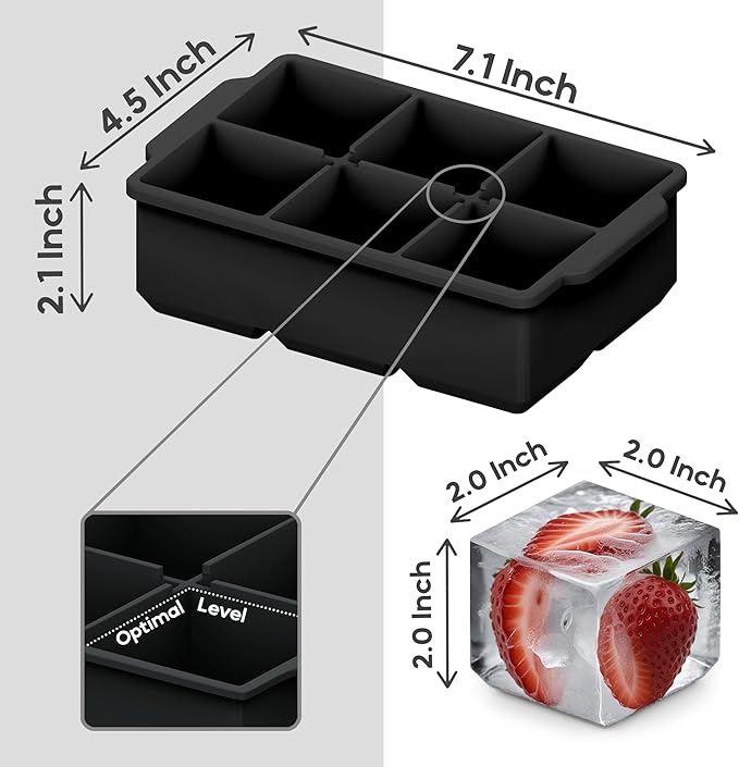 Large Silicone Ice Cube Tray (2-Pack), Easy Release 2" Big Ice Cubes - Cocktail, Whiskey Ice Cubes Mold - BPA Free Ice Trays for Freezer - Ice Tray With Stackable Lid - Black
