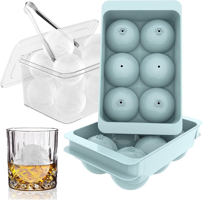 Large Ice Cube Molds, Big Round Whiskey Ice Cube Trays for Freezer, Easy to Fill & Release, Whiskey Bourbon Cocktail(1.9In*6 Balls- Blue/2 Pack)
