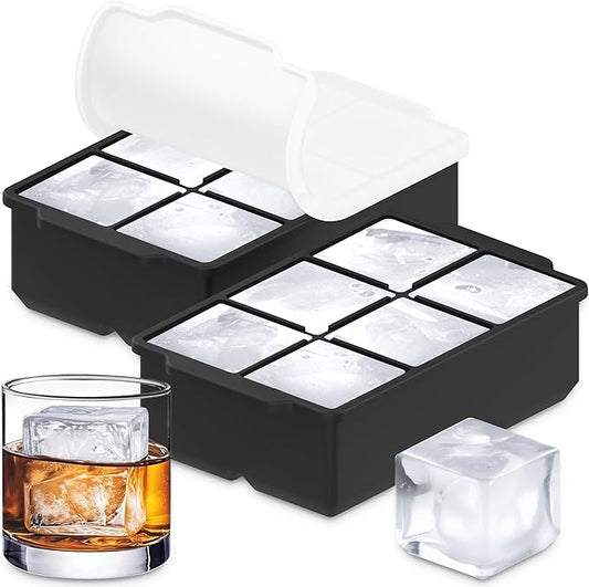 Large Silicone Ice Cube Tray (2-Pack), Easy Release 2" Big Ice Cubes - Cocktail, Whiskey Ice Cubes Mold - BPA Free Ice Trays for Freezer - Ice Tray With Stackable Lid - Black