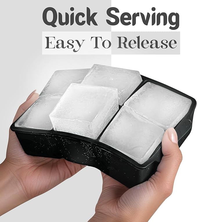 Large Silicone Ice Cube Tray (2-Pack), Easy Release 2" Big Ice Cubes - Cocktail, Whiskey Ice Cubes Mold - BPA Free Ice Trays for Freezer - Ice Tray With Stackable Lid - Black
