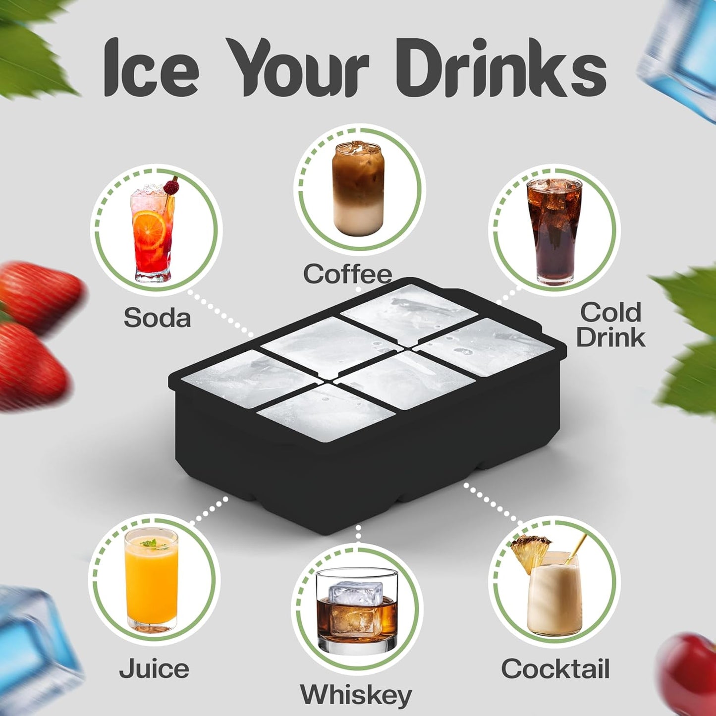 Large Silicone Ice Cube Tray (2-Pack), Easy Release 2" Big Ice Cubes - Cocktail, Whiskey Ice Cubes Mold - BPA Free Ice Trays for Freezer - Ice Tray With Stackable Lid - Black