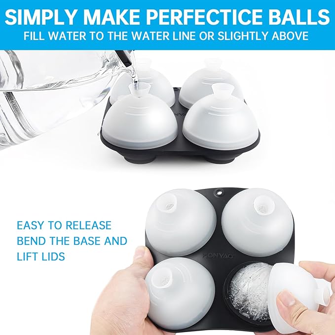 Whiskey Ice Ball Mold,Ice Ball Maker Mold 100% Silicone Round Sphere Ice Cube Tray with Clear Individual Lid, 2.4 Inch Large Spherical Ice Ball Molds for Cocktails Bourbon Rum - 4 Iceballs