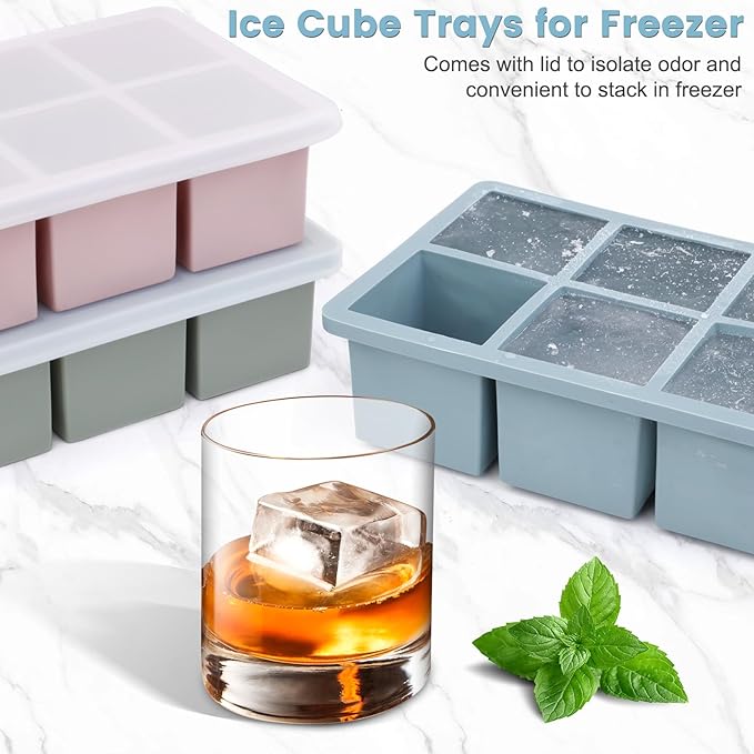 Large Silicone Ice Cube Tray 3Pack, Big Square Ice Cube Molds for Whisky Cocktail, Ice Maker Tray with Lid for Freezer, Easy Release (3, Blue+Green+Pink)