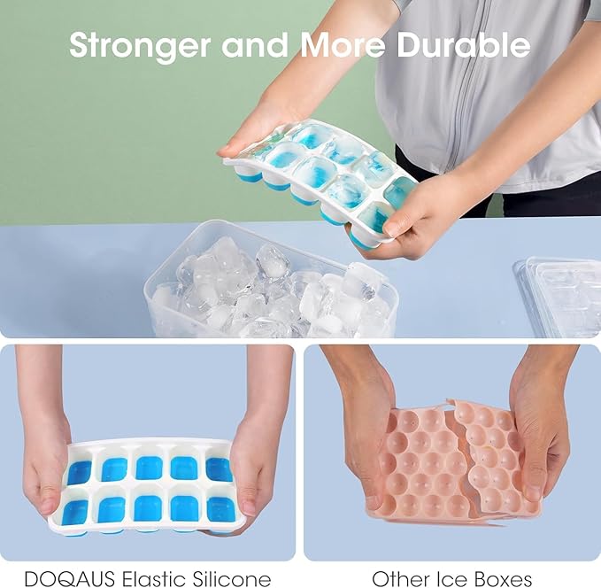 Ice Cube Tray with Lid and Bin, 4 Pack Silicone Plastic Ice Cubes Trays for Freezer with Box/Container, Stackable with Storage Iced Bucket Kits, Scoop, for RV, Soup, Food, Cocktail, Coffee