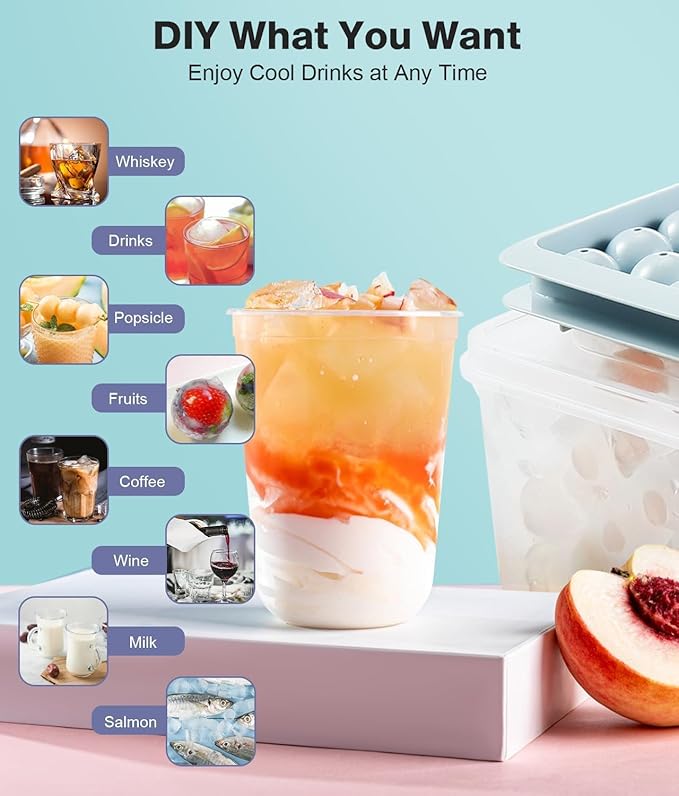 Ice Cube Tray with Lid and Bin – Round Ice Cube Trays for Freezer, BPA-Free Food-Grade Ice Mold, Stackable Ice Bucket Set Ball Maker, Circle Ice Cube Tray for Cocktails, Whiskey, Coffee, and Drinks