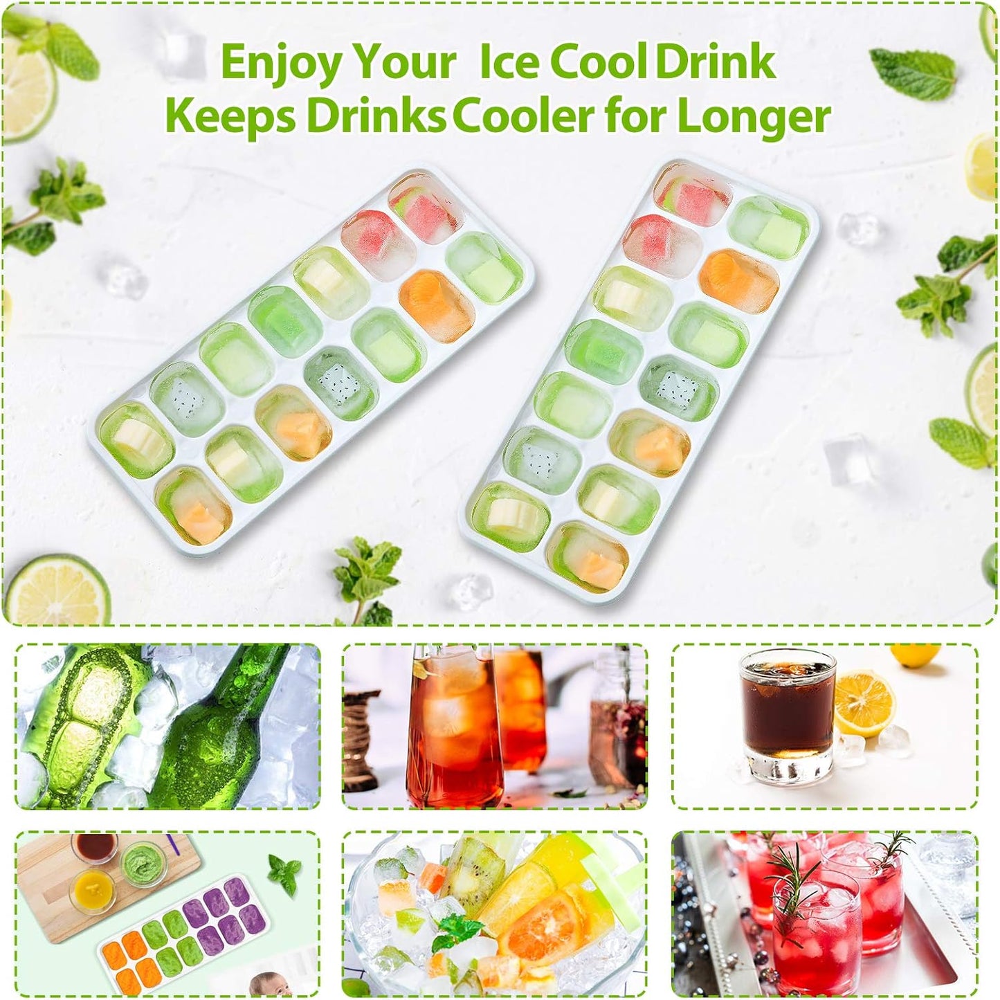Ice Cube Trays 4 Pack, 56 pcs Silicone Ice Cubes Tray Maker with Spill-Resistant Removable Lid, Easy Release & Pop out, LFGB and BPA Free, Stackable Flexible, for Soup. Food, Cocktail, Coffee
